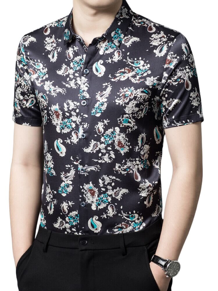 Blue Floral Men's Tasteful Mulberry Silk Short Sleeve Shirt