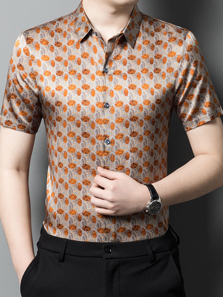 Orange Printed Mens Summer Short Sleeve Casual Silk Shirt