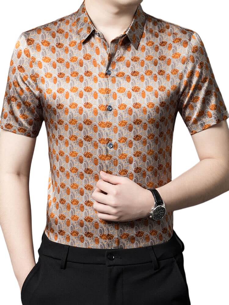 Orange Printed Mens Summer Short Sleeve Casual Silk Shirt