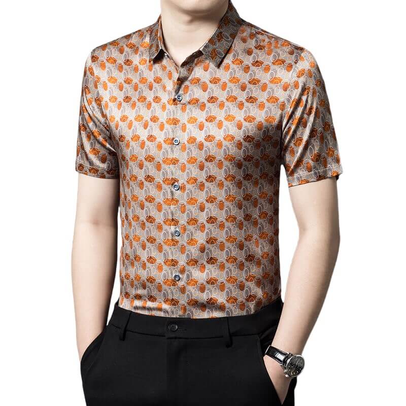 Ellipse Printed Men's Taupe Short Sleeve Silk Dress Shirt