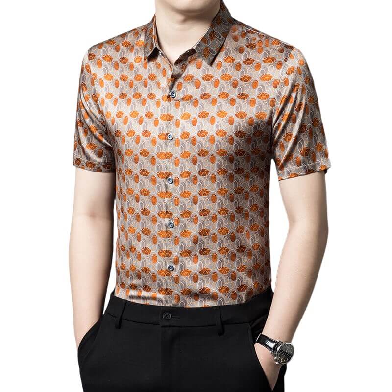 Orange Printed Mens Summer Short Sleeve Casual Silk Shirt