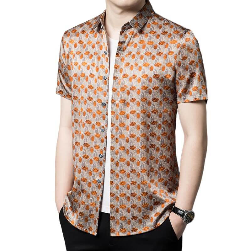 Orange Printed Mens Summer Short Sleeve Casual Silk Shirt