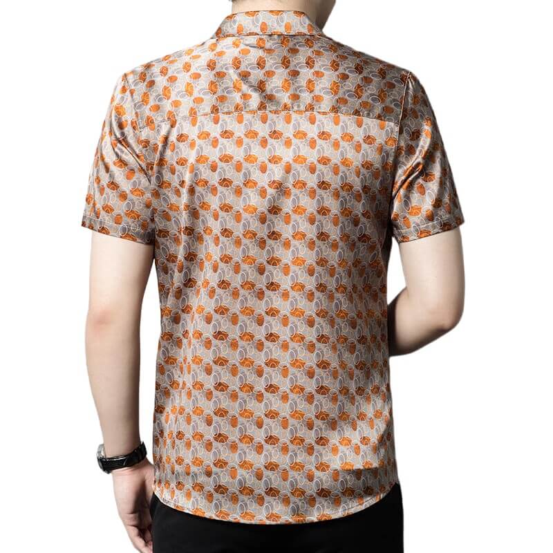 Orange Printed Mens Summer Short Sleeve Casual Silk Shirt