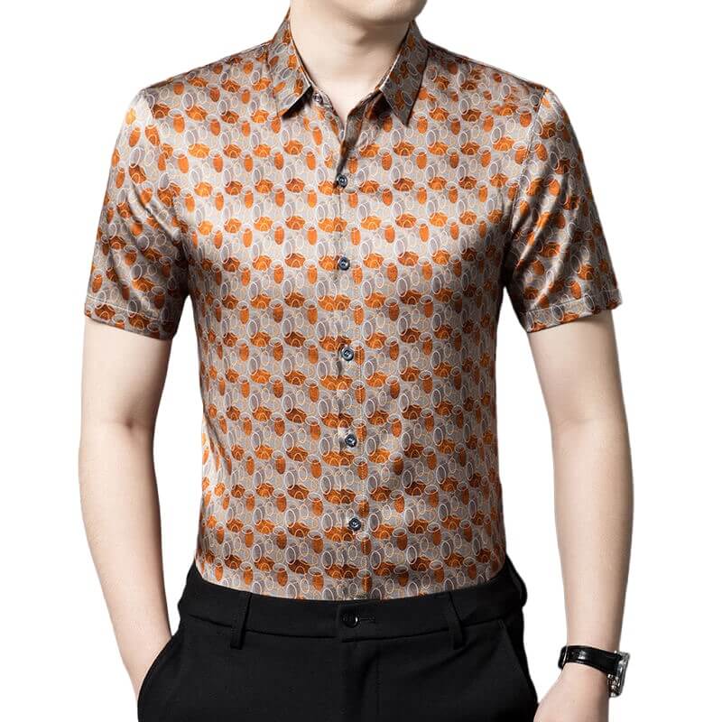 Orange Printed Mens Summer Short Sleeve Casual Silk Shirt