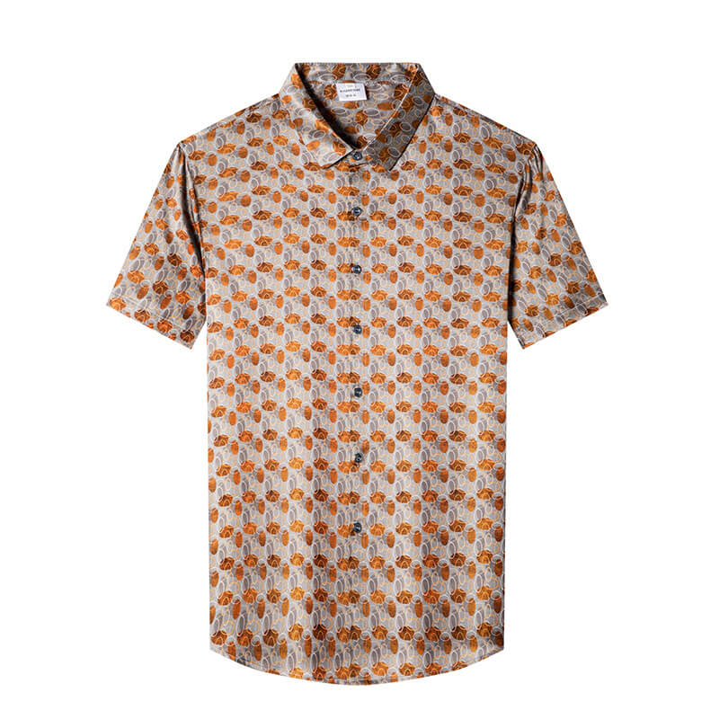 Orange Printed Mens Summer Short Sleeve Casual Silk Shirt