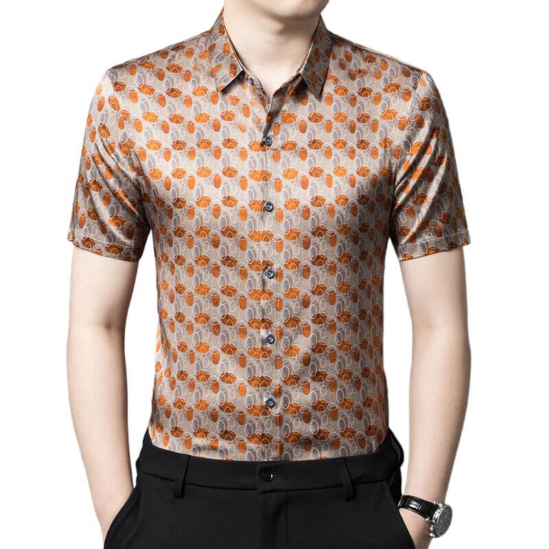 Orange Printed Mens Summer Short Sleeve Casual Silk Shirt