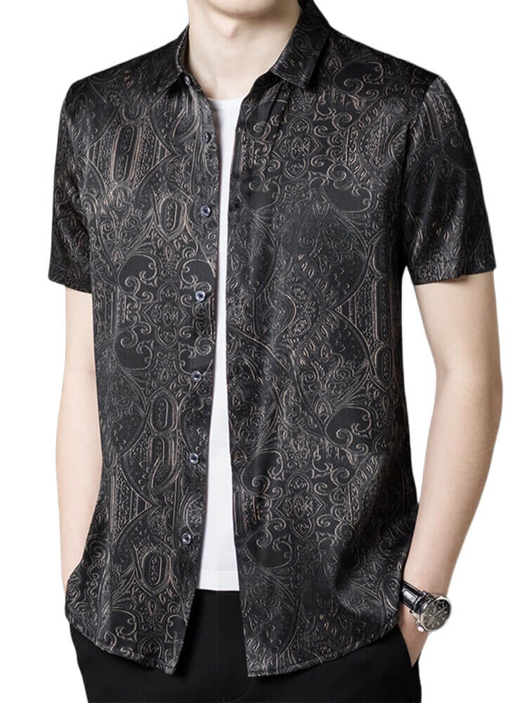 Short Sleeve Paisley Patterned Black Silk Shirt For Men