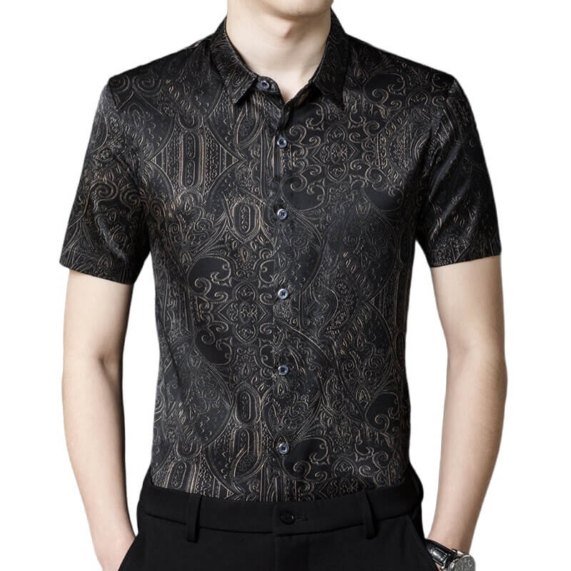 Short Sleeve Paisley Patterned Black Silk Shirt For Men