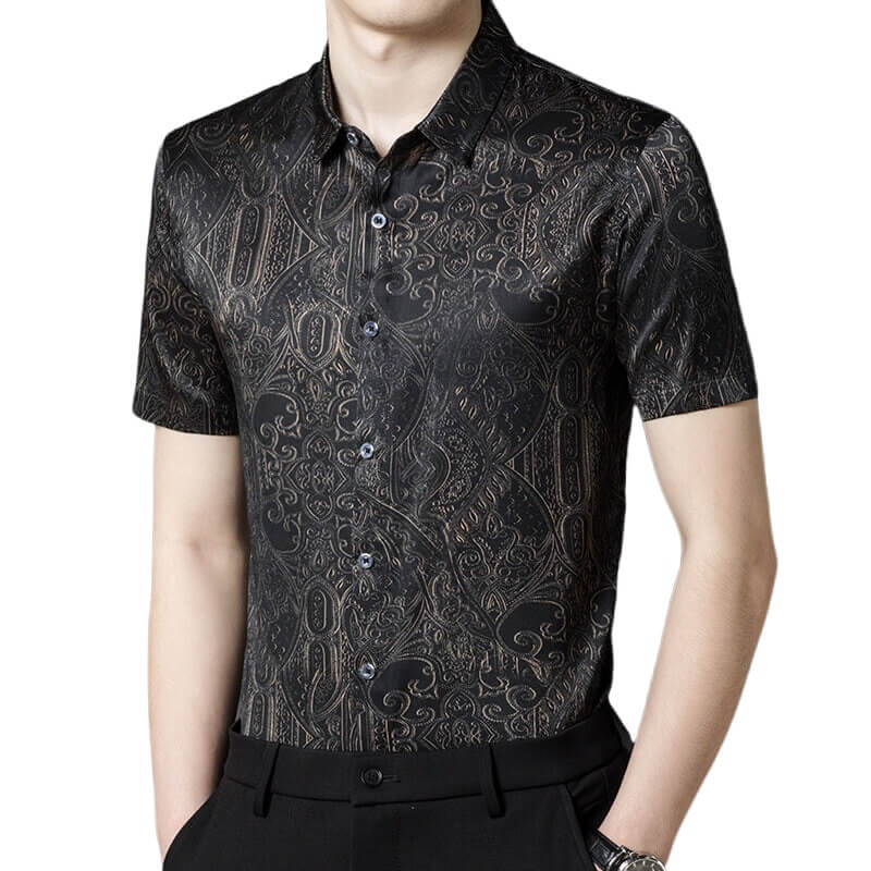 Short Sleeve Paisley Patterned Black Silk Shirt For Men