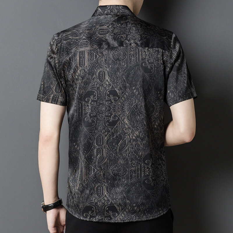Short Sleeve Paisley Patterned Black Silk Shirt For Men