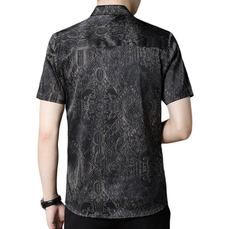 Short Sleeve Paisley Patterned Black Silk Shirt For Men