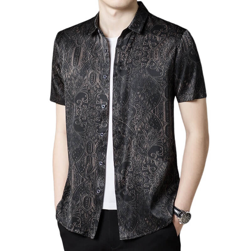 Short Sleeve Paisley Patterned Black Silk Shirt For Men