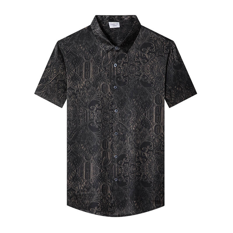 Short Sleeve Paisley Patterned Black Silk Shirt For Men