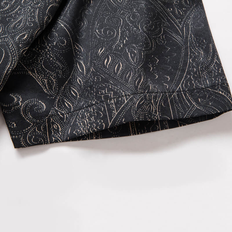 Short Sleeve Paisley Patterned Black Silk Shirt For Men
