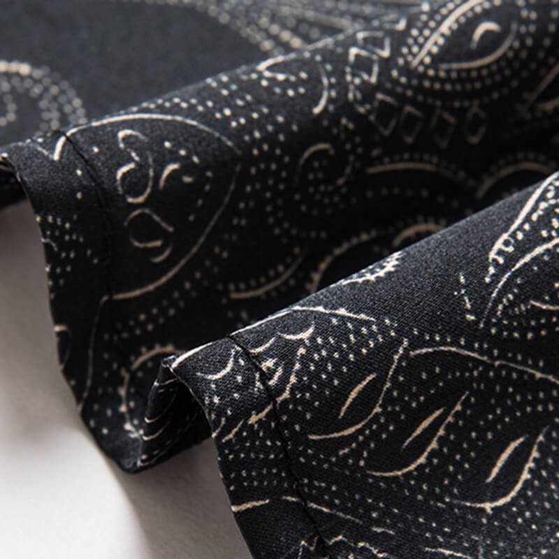 Short Sleeve Paisley Patterned Black Silk Shirt For Men