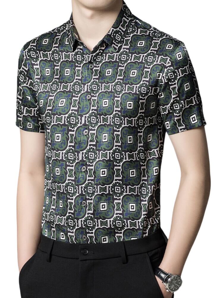 Mens Green Printed Graphic Silk Short Sleeve Shirt