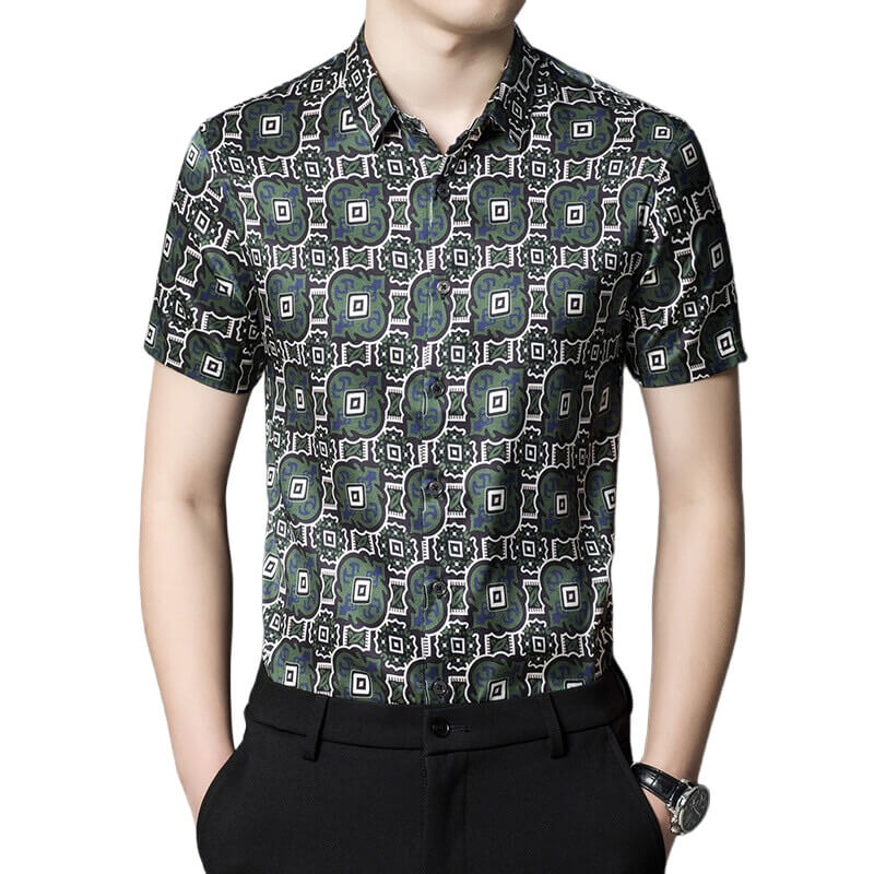 Mens Green Printed Graphic Silk Short Sleeve Shirt