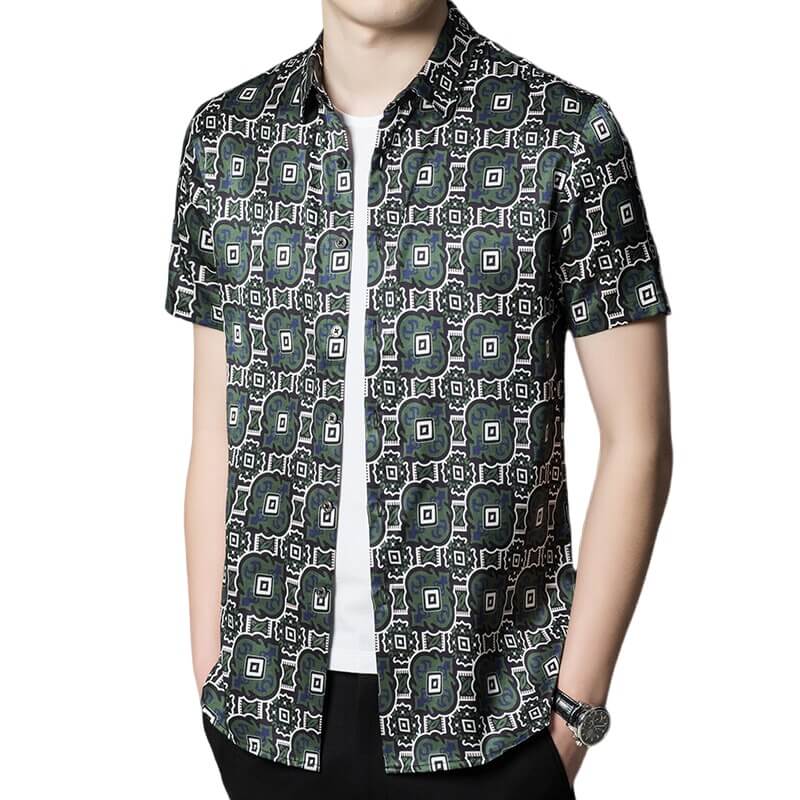 Mens Green Printed Graphic Silk Short Sleeve Shirt