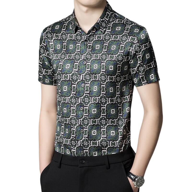 Mens Green Printed Graphic Silk Short Sleeve Shirt