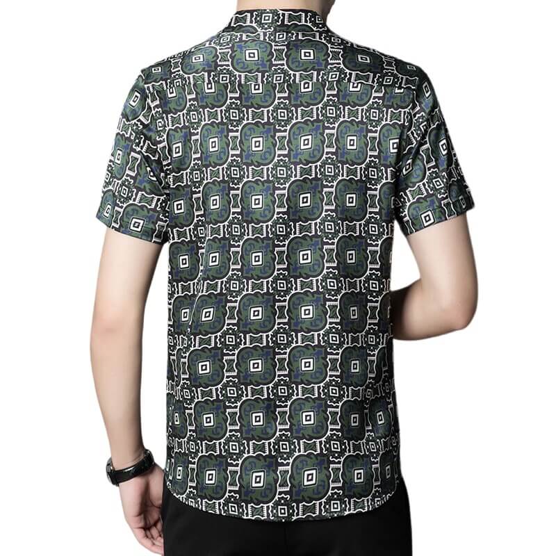 Mens Green Printed Graphic Silk Short Sleeve Shirt