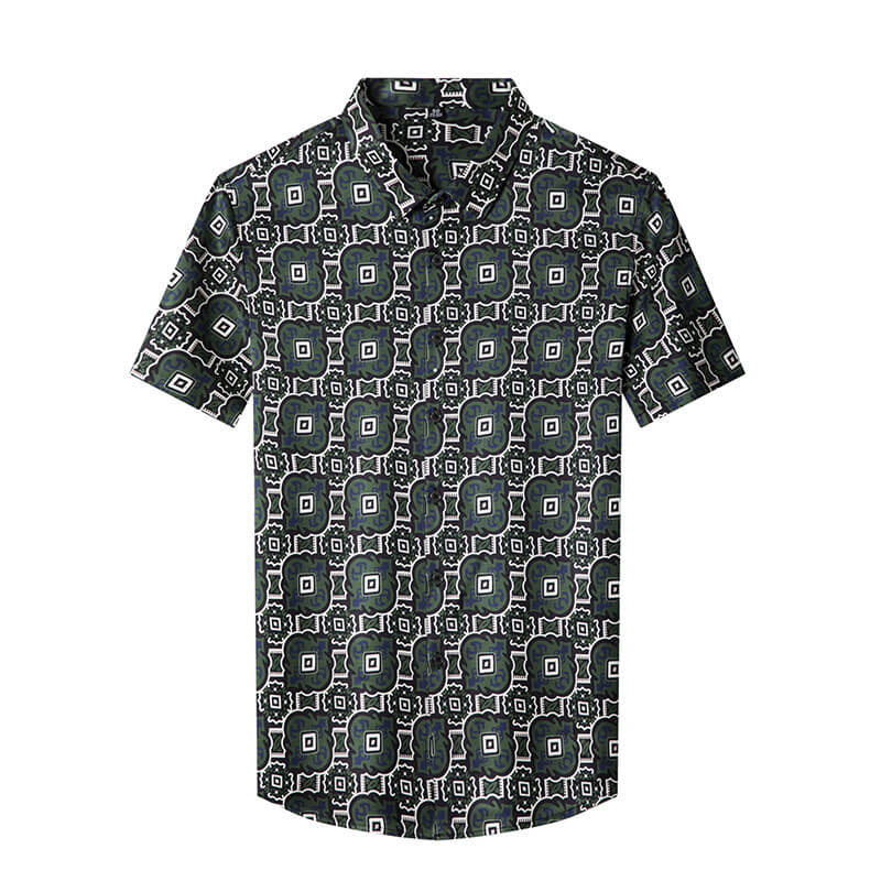 Mens Green Printed Graphic Silk Short Sleeve Shirt