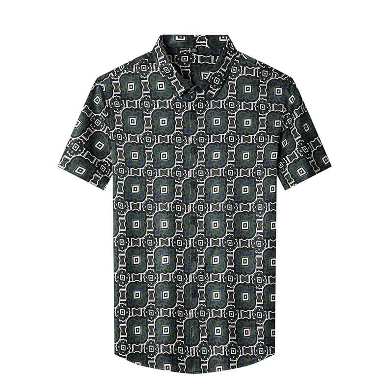 Dark Green Fun Block Printed Men's Short Sleeve Silk Dress Shirt