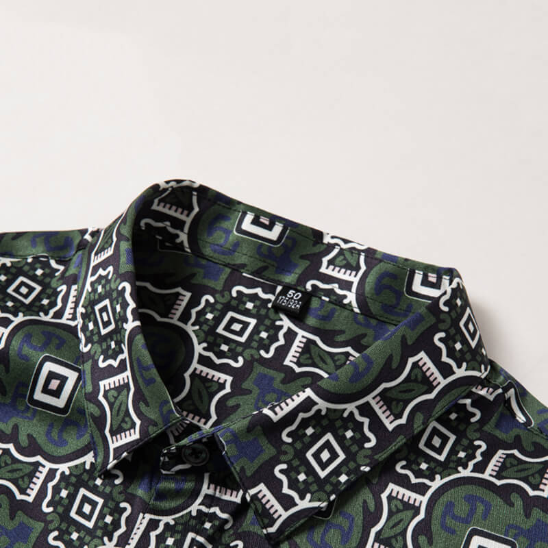 Dark Green Fun Block Printed Men's Short Sleeve Silk Dress Shirt