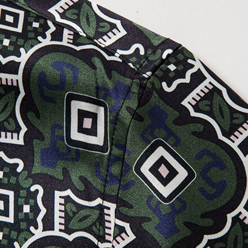 Dark Green Fun Block Printed Men's Short Sleeve Silk Dress Shirt