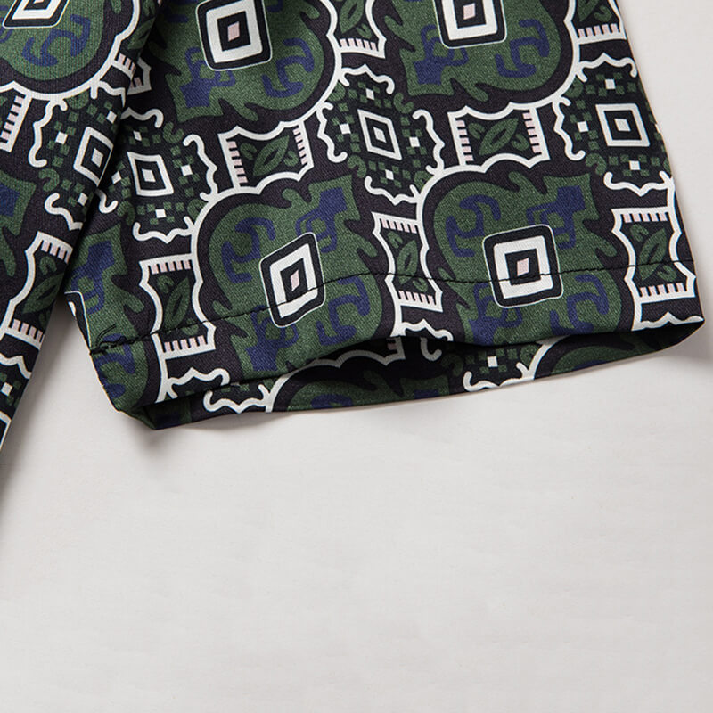 Dark Green Fun Block Printed Men's Short Sleeve Silk Dress Shirt