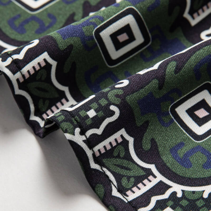 Dark Green Fun Block Printed Men's Short Sleeve Silk Dress Shirt