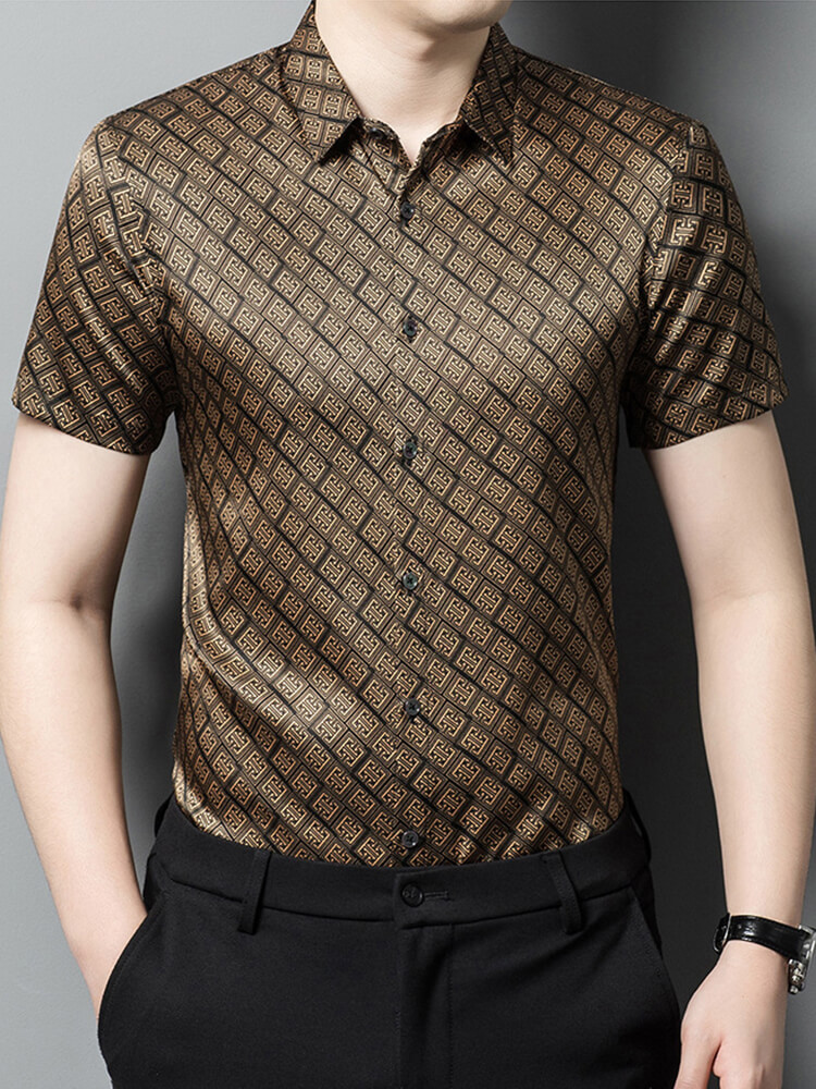 Brown Luxury Brand Printed Mens Silk Short Sleeve Shirt
