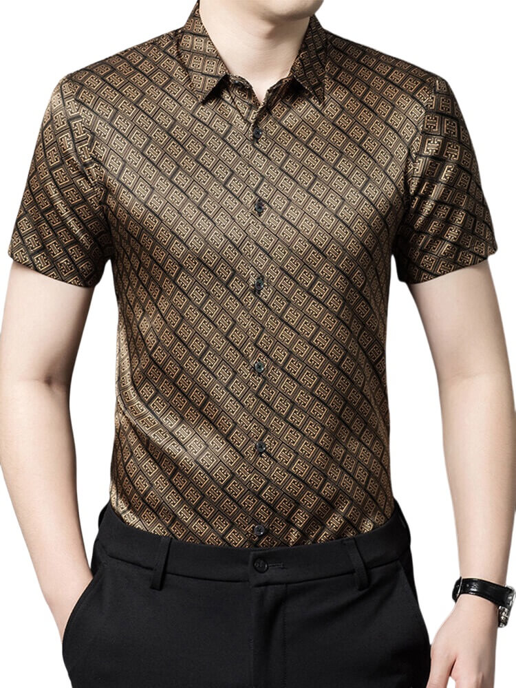 Brown Luxury Brand Printed Mens Silk Short Sleeve Shirt