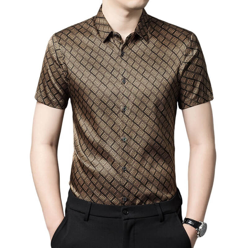 Symbol Printed Men's Brown Short Sleeve Stretch Silk Dress Shirt