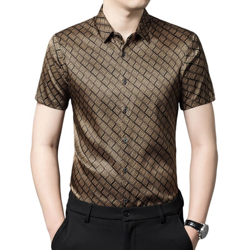 Brown Luxury Brand Printed Mens Silk Short Sleeve Shirt