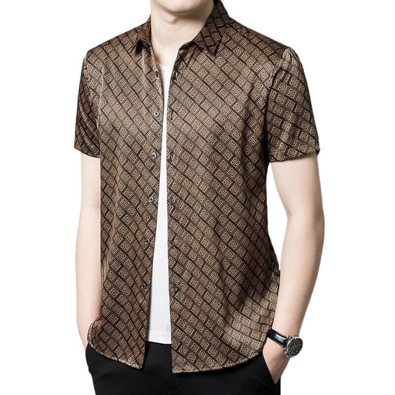 Brown Luxury Brand Printed Mens Silk Short Sleeve Shirt