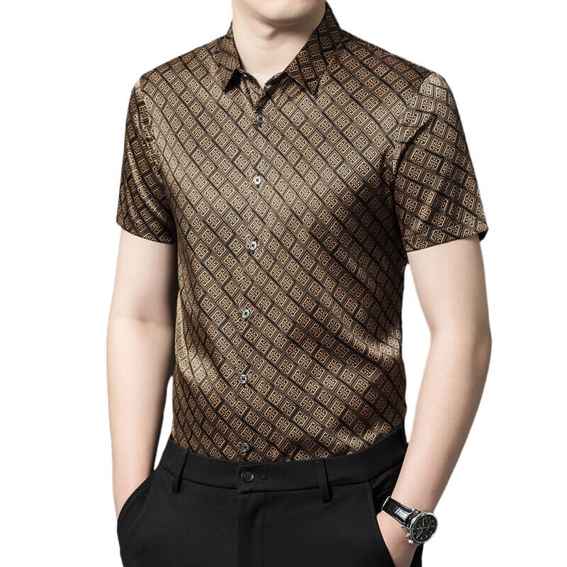 Brown Luxury Brand Printed Mens Silk Short Sleeve Shirt