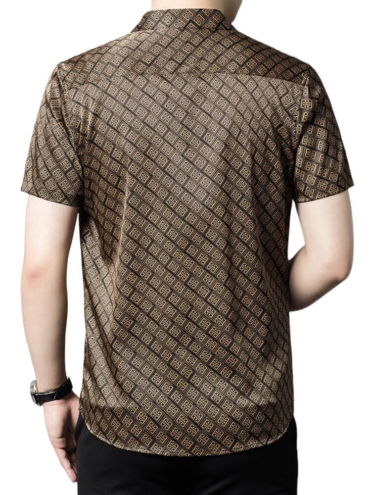 Brown Luxury Brand Printed Mens Silk Short Sleeve Shirt