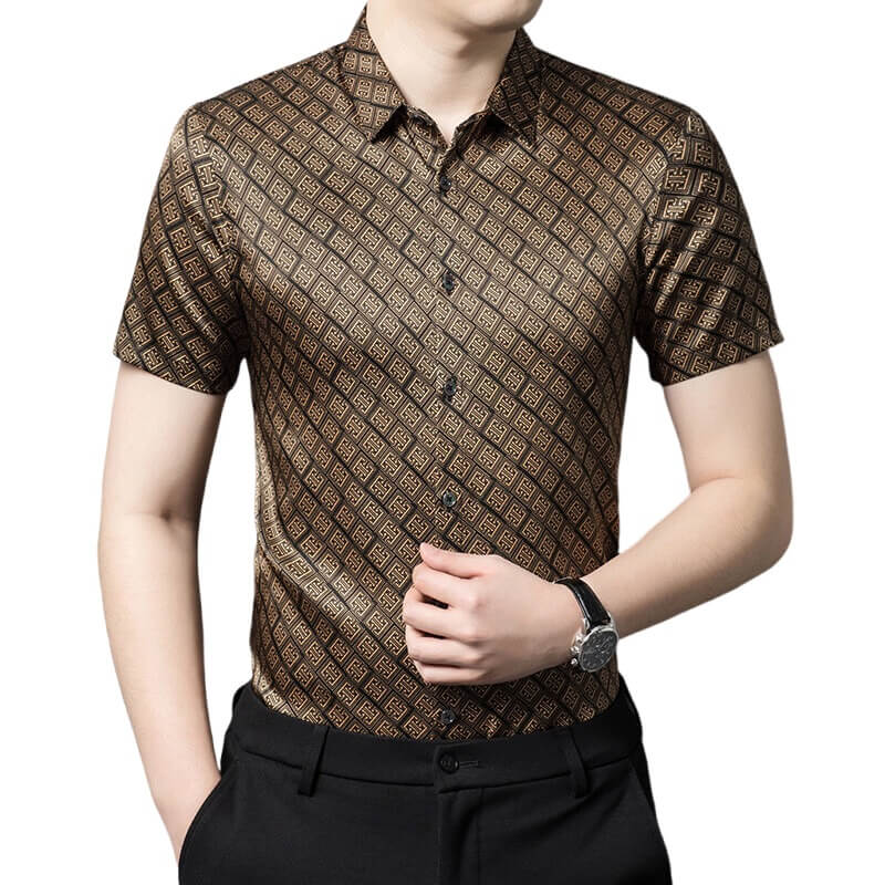 Symbol Printed Men's Brown Short Sleeve Stretch Silk Dress Shirt