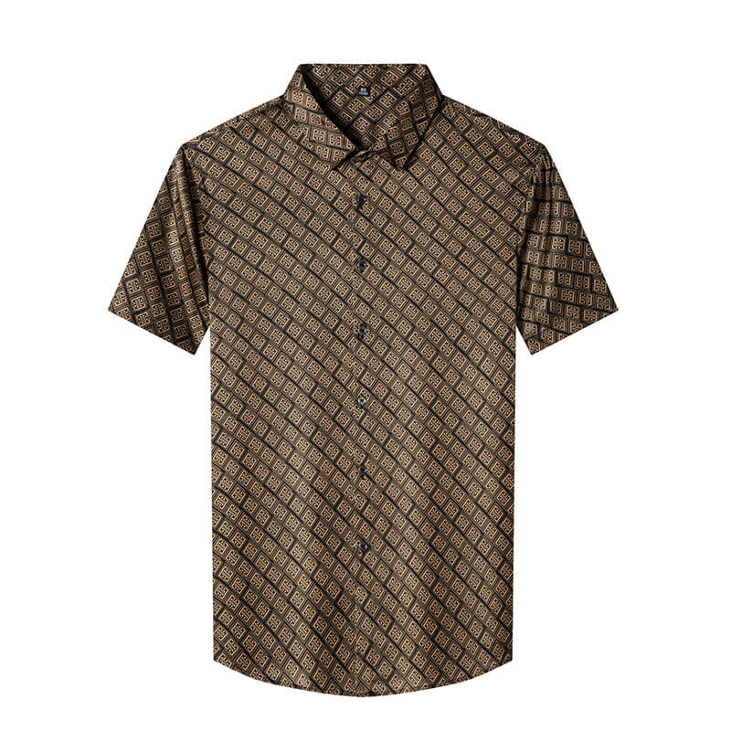 Brown Luxury Brand Printed Mens Silk Short Sleeve Shirt