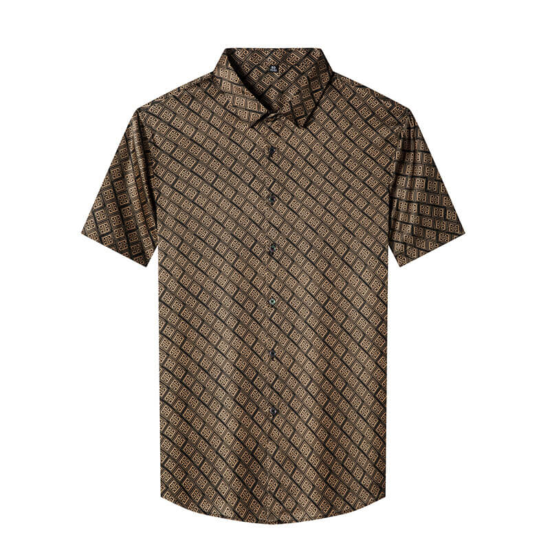Symbol Printed Men's Brown Short Sleeve Stretch Silk Dress Shirt
