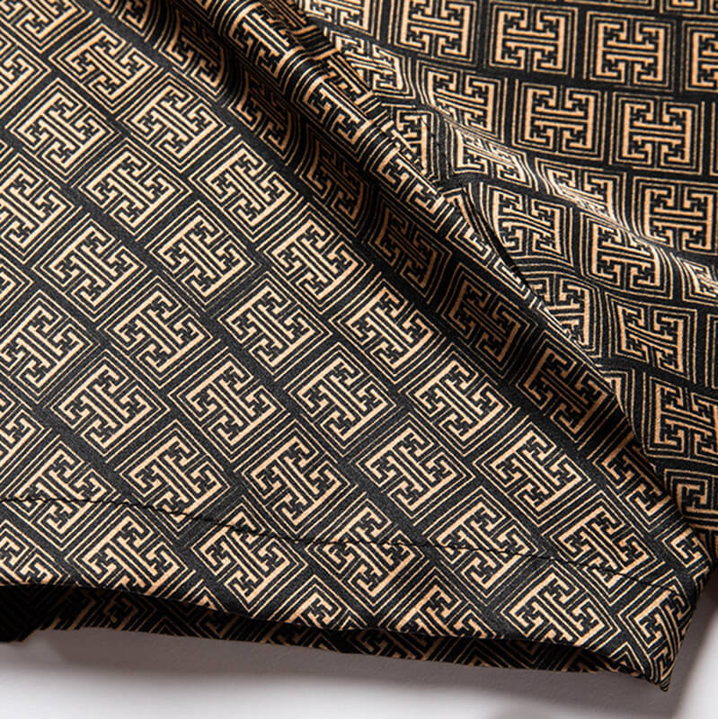 Symbol Printed Men's Brown Short Sleeve Stretch Silk Dress Shirt
