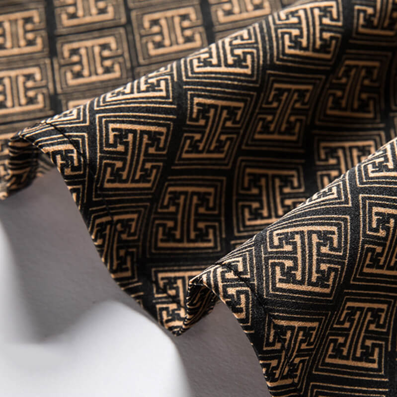 Symbol Printed Men's Brown Short Sleeve Stretch Silk Dress Shirt