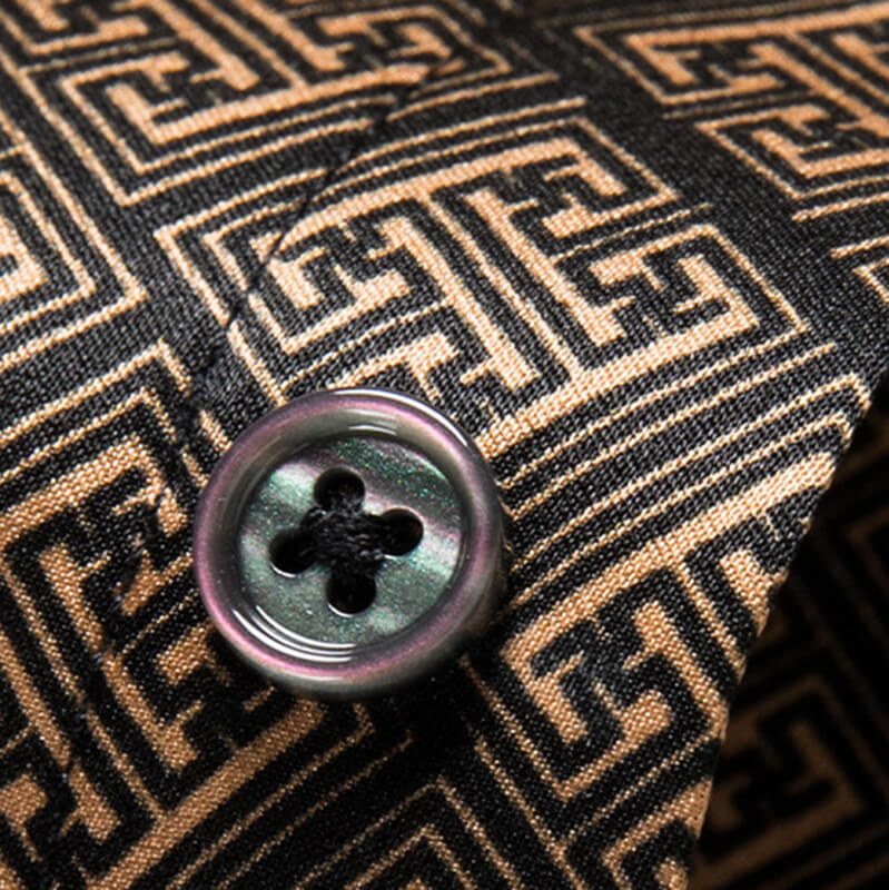 Symbol Printed Men's Brown Short Sleeve Stretch Silk Dress Shirt