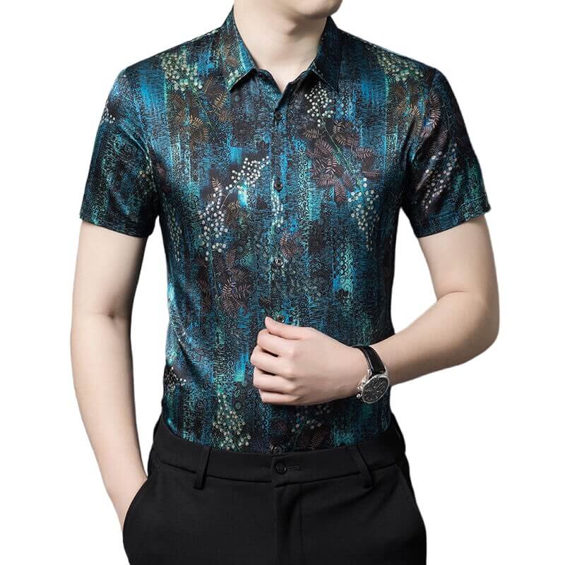 Berries and Bushes Printed Dark Blue Short Sleeve Silk Shirt