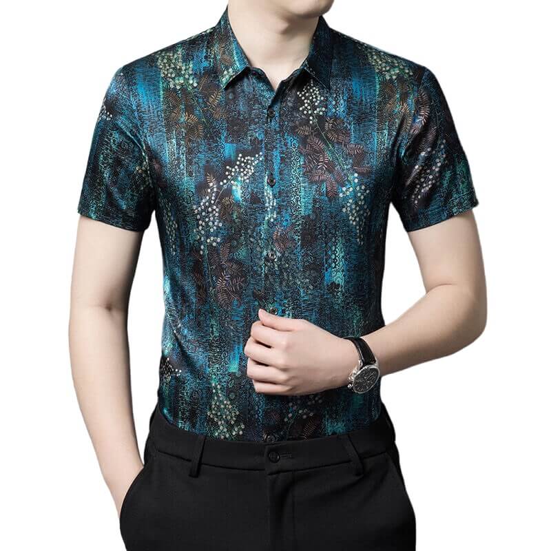 Peacock Blue Floral Men's Silk Hawaiian Shirt Short Sleeve