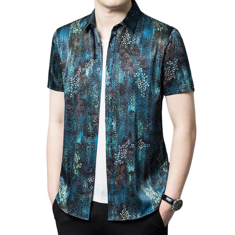 Berries and Bushes Printed Dark Blue Short Sleeve Silk Shirt