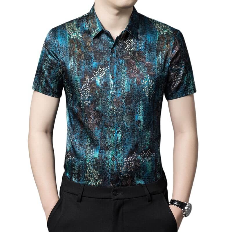 Berries and Bushes Printed Dark Blue Short Sleeve Silk Shirt