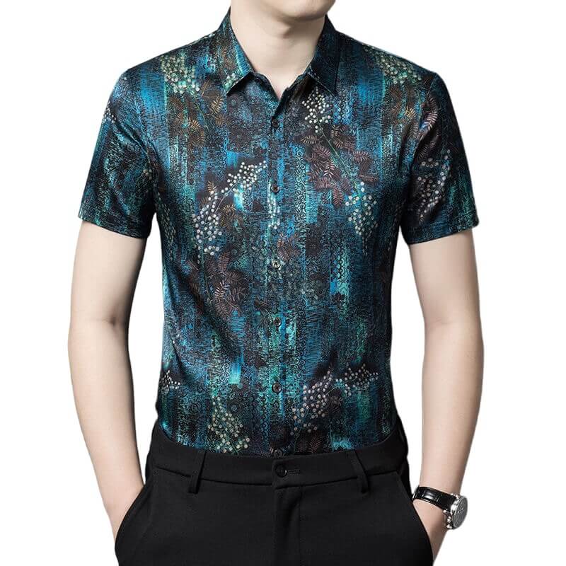 Peacock Blue Floral Men's Silk Hawaiian Shirt Short Sleeve