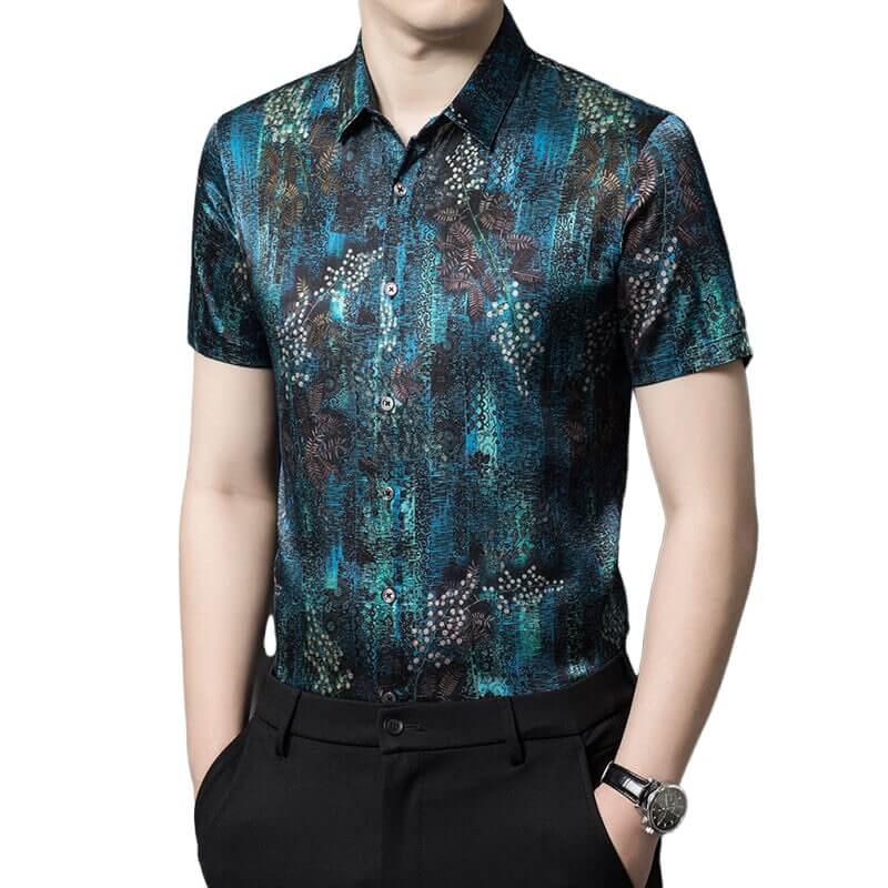 Peacock Blue Floral Men's Silk Hawaiian Shirt Short Sleeve