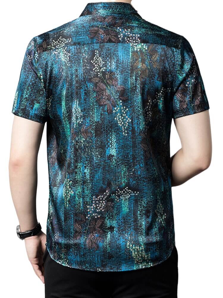 Berries and Bushes Printed Dark Blue Short Sleeve Silk Shirt